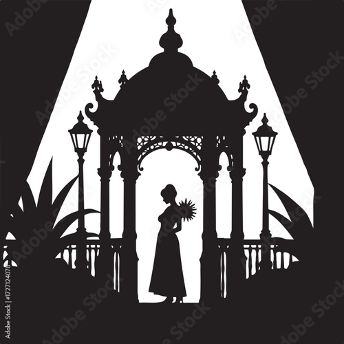 Silhouette of woman holding flowers in ornate gazebo
