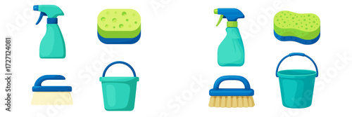Cleaning supplies including spray bottles, sponges, and buckets used for home organization and housekeeping