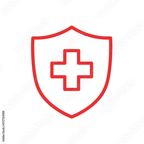 Red shield with a cross symbol, symbolizing protection and healthcare, represented as a vector EPS icon