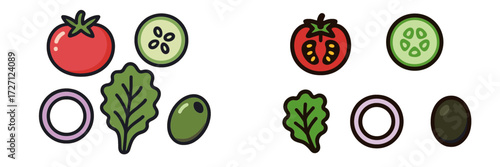 Colorful illustrations of fresh vegetables and ingredients perfect for salads or healthy meals
