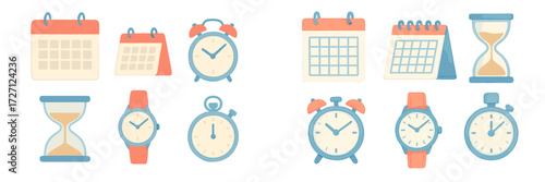 Colorful time-related illustrations showing various clocks, calendars, and an hourglass set against a light background