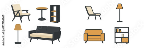 Modern furniture collection featuring chairs, tables, and lamps suitable for various living spaces and styles