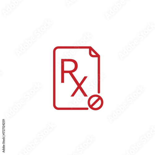 Red Prescription RX symbol with a red circle and diagonal line indicating a prescription is not allowed or denied vector icon