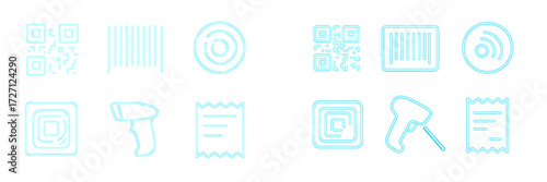 Different types of barcodes and QR codes in simplified graphics showcasing their features and uses in technology