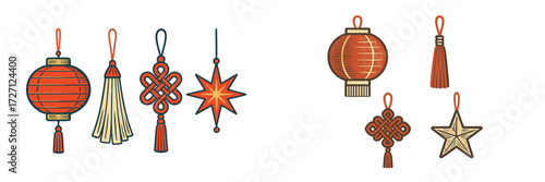 Colorful traditional lanterns and decorative elements hang together in a festive arrangement for celebrations