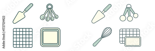 Essential baking tools including measuring spoons, trowels, and whisks arranged neatly on a clean surface
