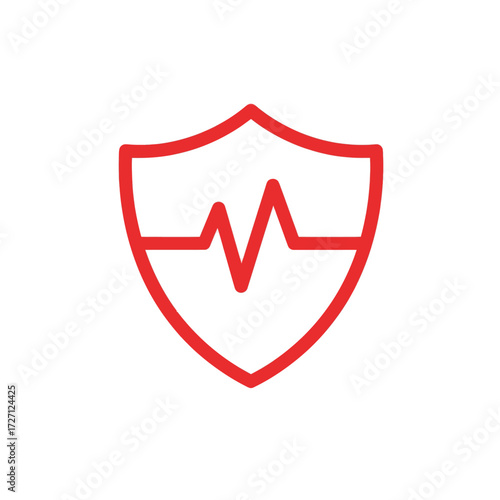 Red shield with heartbeat line inside representing health protection and medical care services
