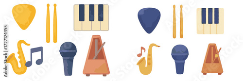 Colorful music instruments and tools arranged in an artistic layout for creative inspiration