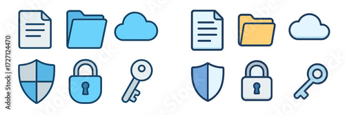Modern digital icons representing cloud storage, file management, and security concepts in a clean design