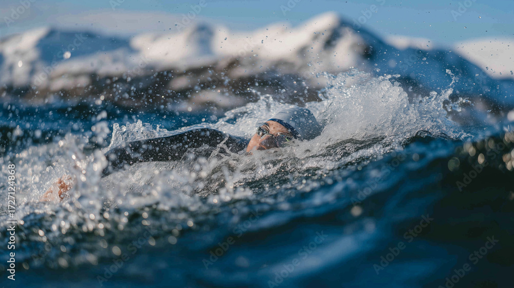 Obraz premium Swimmer performing front crawl in icy water, dark wetsuit contrasting with sparkling snow-covered mountains, frosty waves and cold mist in motion