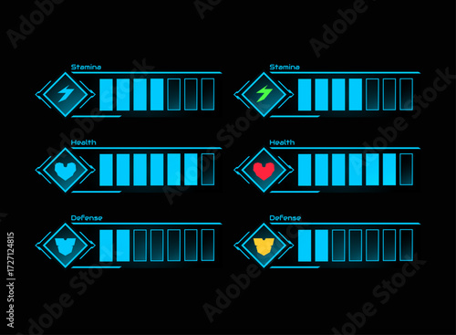 Cyberpunk Futuristic Stamina Health Defense Bar HUD UI Elements with Neon Blue Red Yellow Progress Indicator Game Interface Assets for RPG MMORPG Shooter