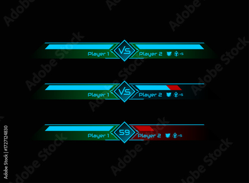 Cyberpunk Futuristic Player VS Player Battle Bar HUD UI with Timer Health Shield Life Counter Neon Blue Red Green Game Interface Assets for RPG Fighting MOBA