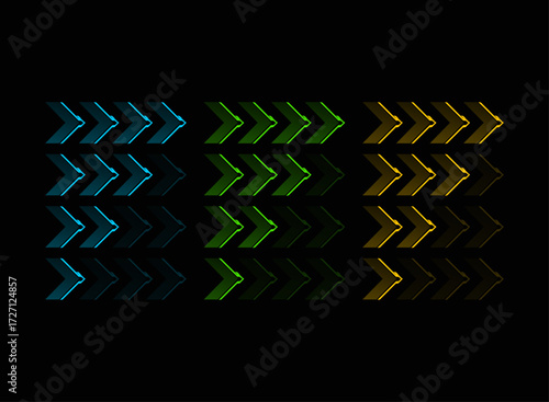 Futuristic Arrow Progression Bar HUD Cyberpunk Neon Blue Green Yellow Game Interface Level Rank Upgrade Indicator UI Design Elements