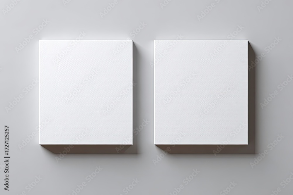 Fototapeta premium Two blank white square canvases on a light gray wall