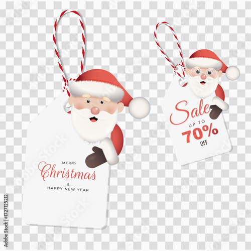  Vector illustration of Santa Claus holding holiday gift tags with festive messages and sale offers. Perfect for Christmas and New Year promotional materials, holiday marketing campaigns.
