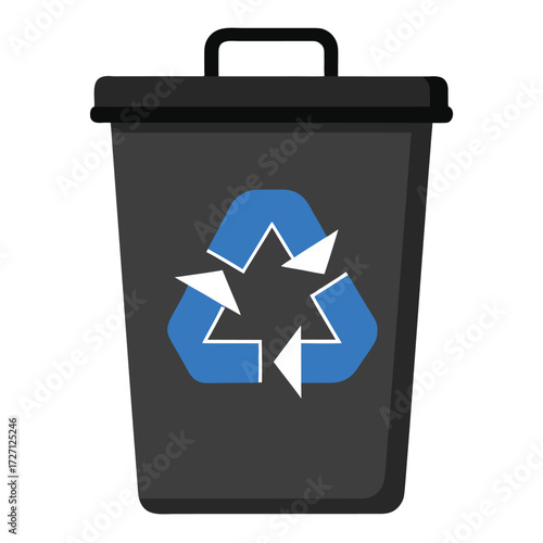 a simple black trash can with a blue recycling sym (1).eps
