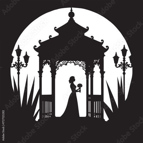 Silhouette of woman in gown holding bouquet in gazebo