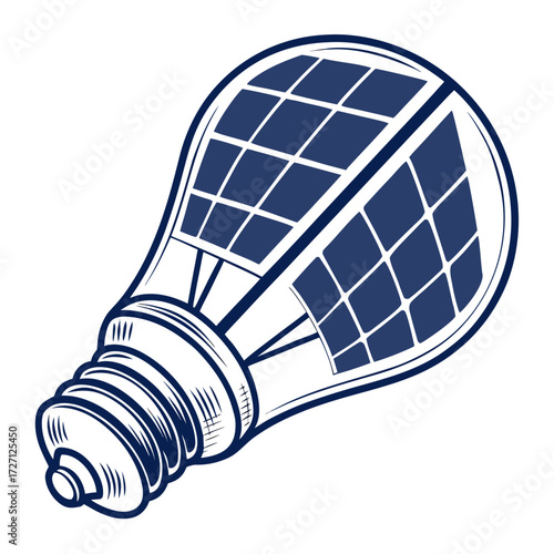 Stylized illustration of a light bulb with solar panels integrated into its glass for renewable energy generation