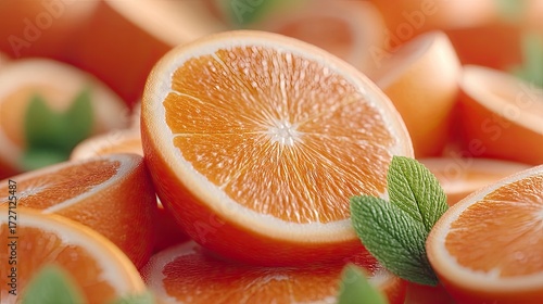 Macro Fresh Orange Slices with Green Mint Leaves Cinematic HDR Food Still Life Featuring Juicy Citrus Fruits