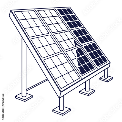 Clean energy concept illustration of a solar panel array on a white background in a simple line art style