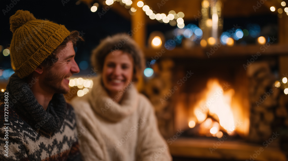 Obraz premium Soft-focus friends laughing by fireplace, warm candlelight and string lights on wooden table, cozy winter night captured, blurred background emphasizing atmosphere