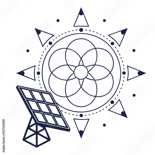 Geometric solar panel design with sacred geometry mandala and sun rays symbolizing renewable energy and harmony