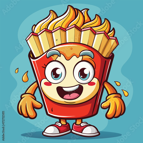 A cheerful and energetic french fry character stands with a wide smile and excited eyes. This fun and playful image depicts a beloved fast-food snack brought to life.