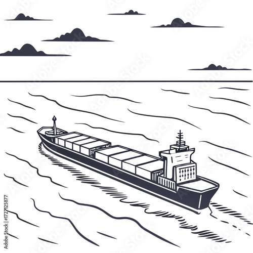 Illustration of a large cargo ship with containers sailing on the ocean under a cloudy sky