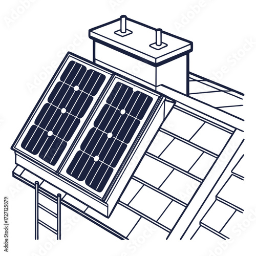 Illustration of solar panels installed on a house roof next to a chimney with a ladder leaning against the side