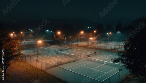 Empty tennis courts at night, mist-covered