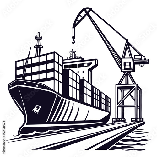 Large cargo ship docked at port with a large industrial crane loading containers onto the vessel