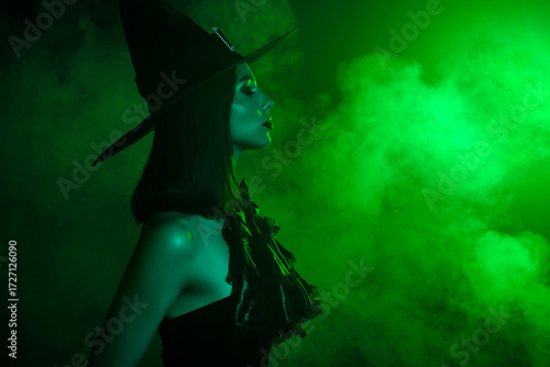 Glamorous mysterious witch posing in green fog wearing a magical hat on a Halloween-themed photoshoot