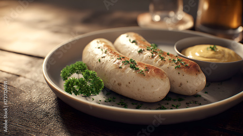 Two perfectly poached Weisswurst sausages, garnished with chopped parsley, are presented on a matte gray plate alongside a small bowl of mustard