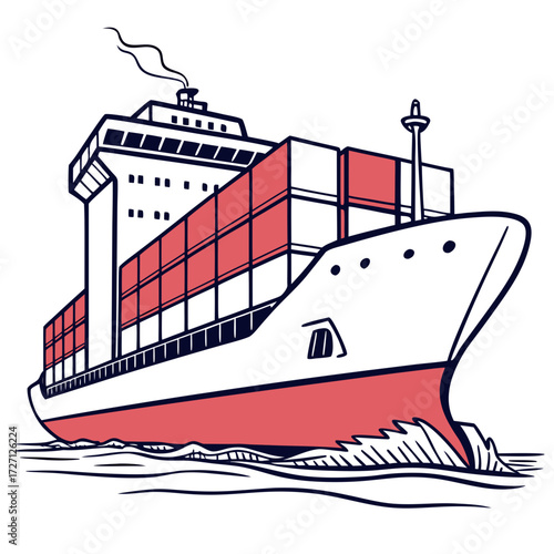 Modern cargo ship carrying shipping containers across the ocean waves with smoke from the chimney