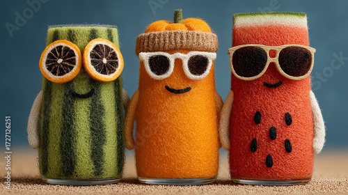 Cute cartoon style anthropomorphic fruits and juices with smiling faces on bright orange background, symbolizing fun, health, and freshness.