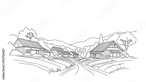 Minimalist Line Drawing of Peaceful Village Scene – Continuous Line Art Illustration