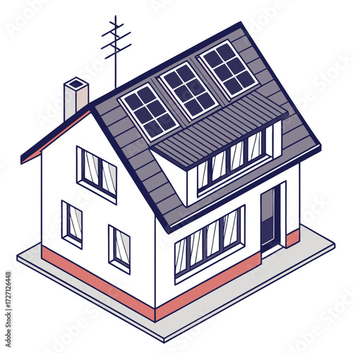 Modern residential house with solar panels installed on the roof for renewable energy generation