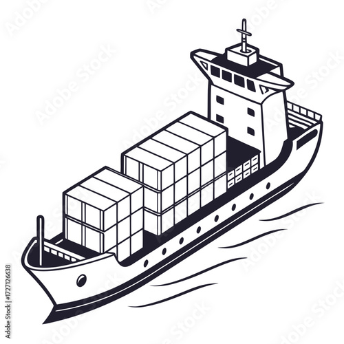 Stylized black and white illustration of a large cargo ship carrying containers across the ocean waves