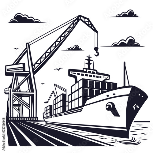 Stylized illustration of a cargo ship being loaded by a large crane at a busy port
