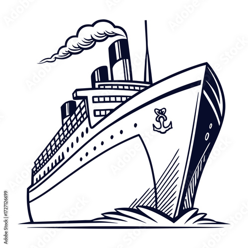 Stylized illustration of a classic steamship sailing through choppy water with smoke billowing from its funnels