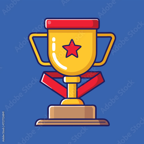 Trophy champion cup winner award with laurel wreath, Trophy with red ribbon vector icon
