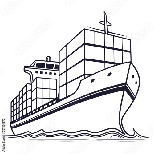 Stylized illustration of a large cargo ship carrying many containers sailing on the sea