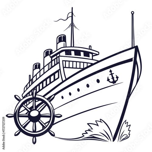 Stylized outline drawing of a vintage steamship with a paddle wheel and anchor sailing through waves