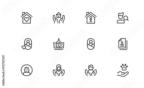 Adoption and Family Love Line Icon Set Modern Minimal Outline Symbols, Pixel-Perfect Vector Icons, and Unique Parenting Graphics