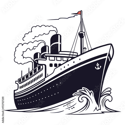 Vintage steamship sailing through choppy waves with smoke billowing from its funnels