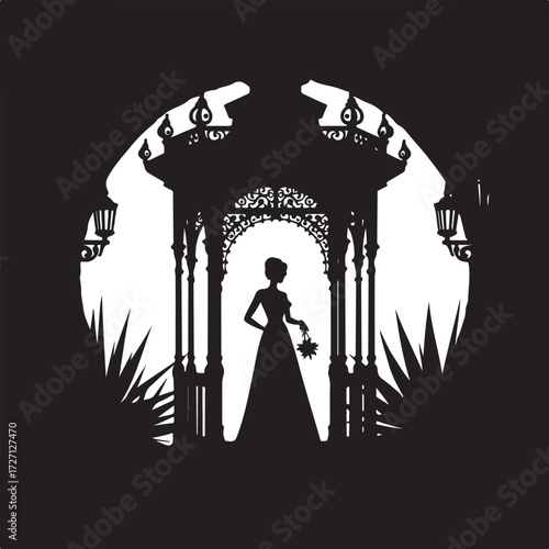 Silhouette woman in ornate gazebo holding bouquet female