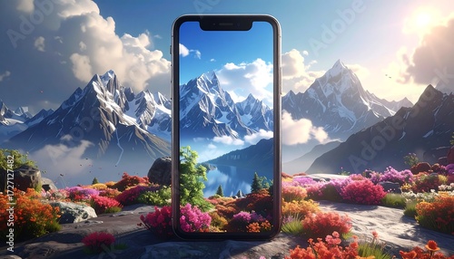 Smartphone displays mountain scenery