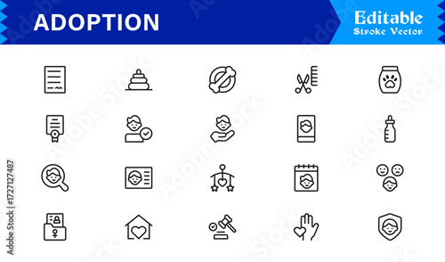 Adoption and Family Love Line Icon Set Modern Minimal Outline Symbols, Pixel-Perfect Vector Icons, and Unique Parenting Graphics