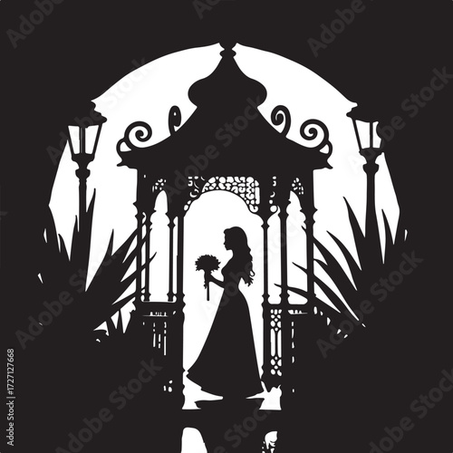 Silhouette woman holding bouquet in ornate gazebo at night