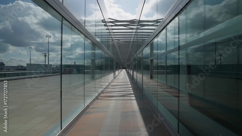Glass skybridge with strong reflections under soft daylight perspective symmetry
